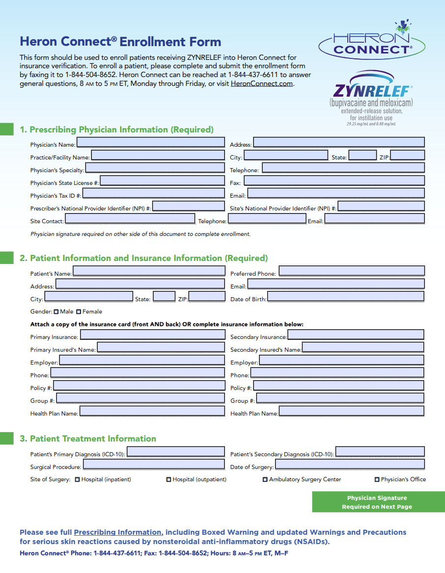 ZYNRELEF Insurance Verification and Program Enrollment Form