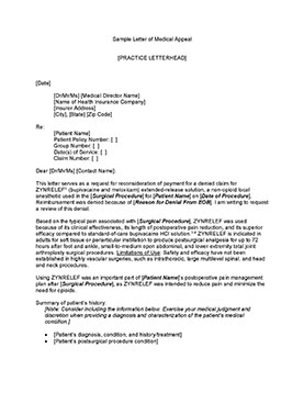 ZYNRELEF Sample Medical Appeal Letter