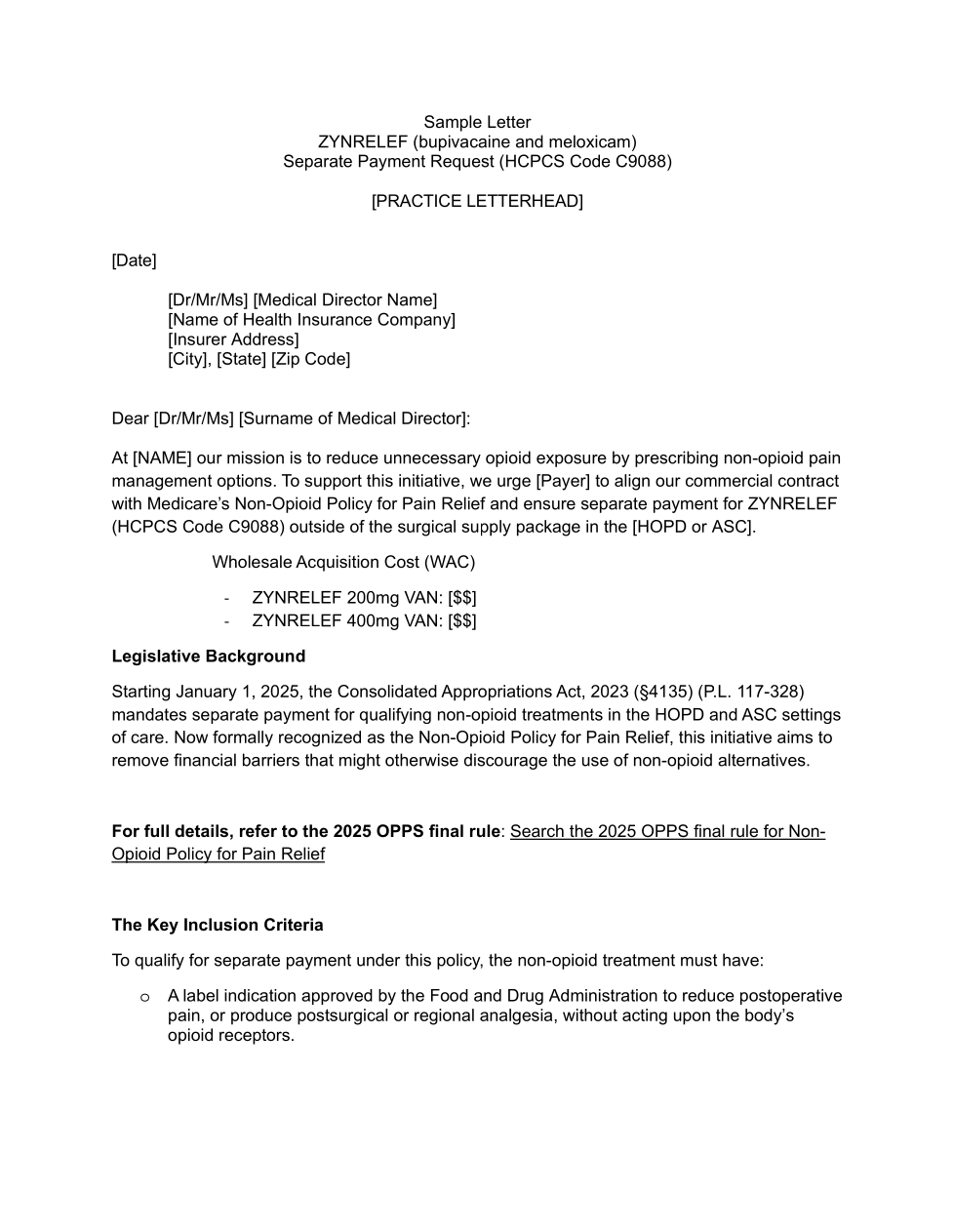 ZYNRELEF Separate Payment Request Letter